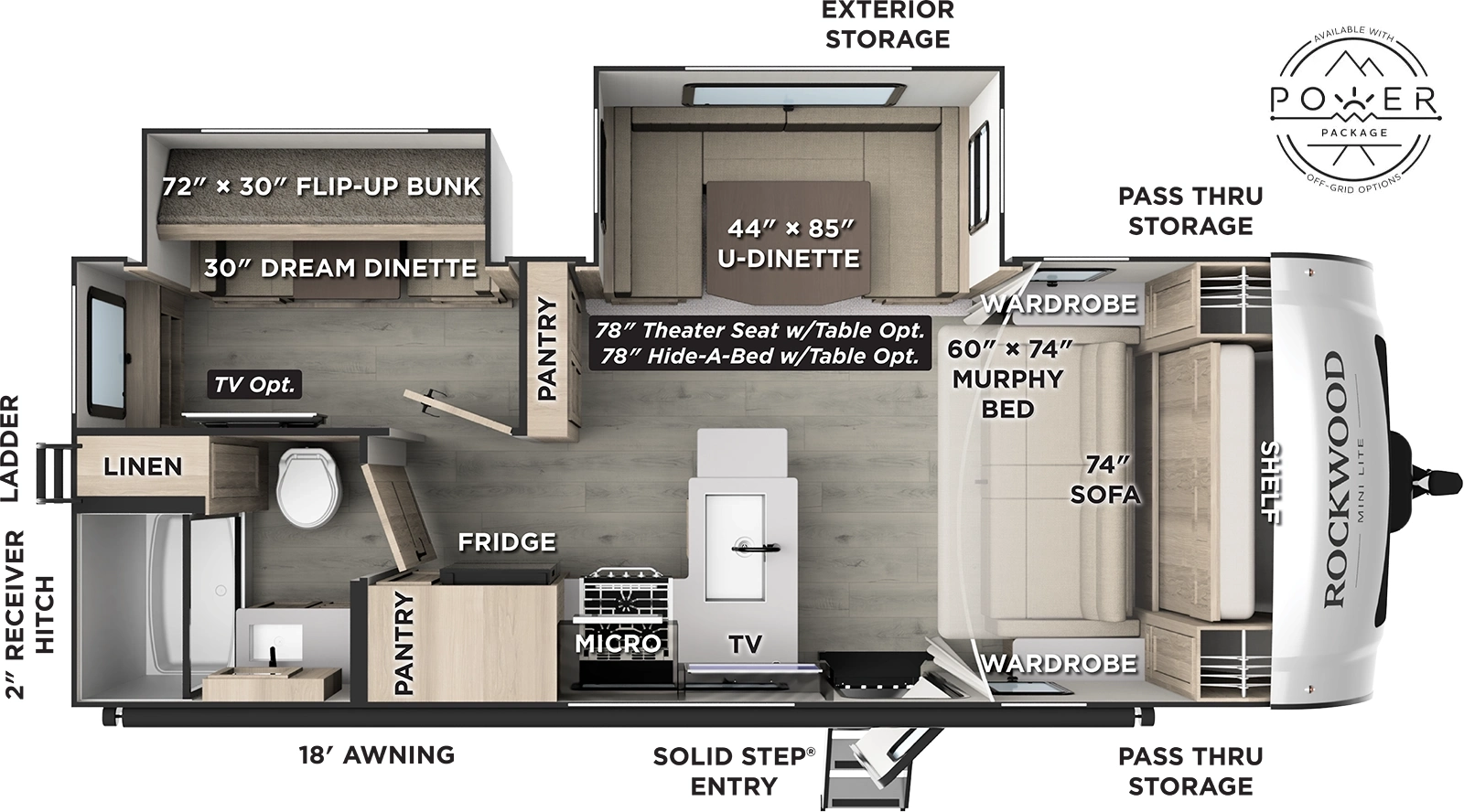 The Rockwood Mini Lite 2519S floorplan has one entry and two slide outs. Exterior features include: fiberglass exterior and 18' awning. Interiors features include: bunk beds, u-dinette and murphy bed.